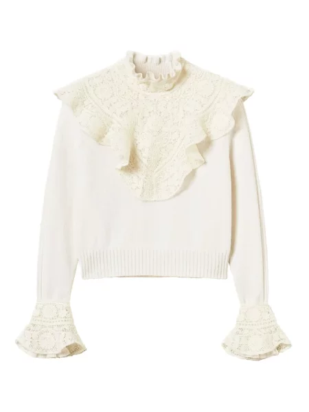 Pulover Twinset cu volane din dantelă alb