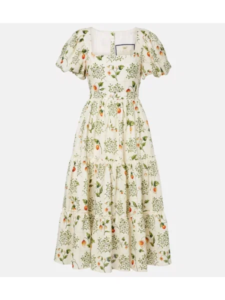 Lniana sukienka midi Agua By Agua Bendita z nadrukiem do kolan biała