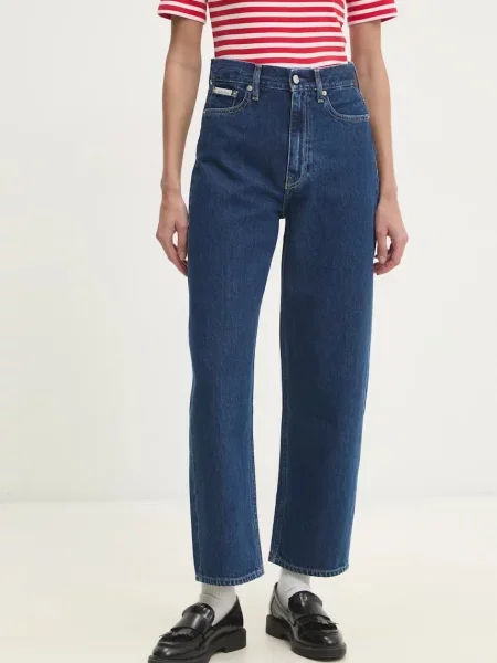 Дънки Calvin Klein Jeans с висока талия тъмносиньо