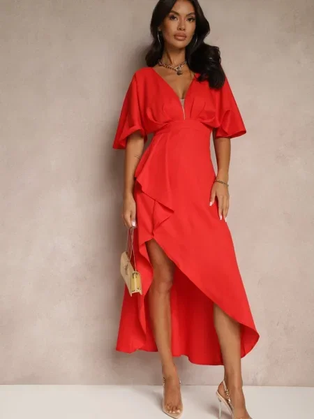 Asymetryczna Sukienka Koktajlowa Vices Ozdobiona Falbanką Nelioraia czerwona