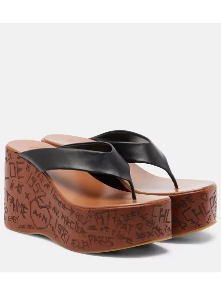 Chiloți tanga Chloé din piele cu pană negru