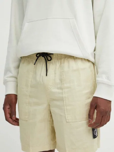 Къс панталон с лен Calvin Klein Jeans зелено бежово