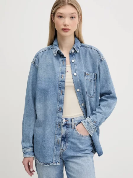 Tommy Jeans cămașă din denim cu guler clasic relaxed albastru