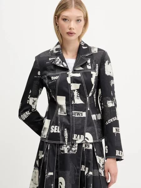 Desigual sacou NEWSPAPER BLAC un singur rând de cu imprimeu negru