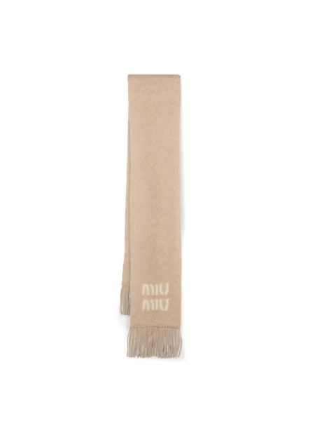 Dzianinowa szal Miu Miu z logo beżowa