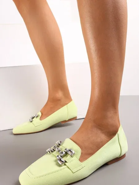 Mocasini din Imitatie de Căprioară cu Bareta Decorativa cu Cristale Sornia verzi