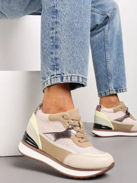 Sneakersy na Ukrytym Niewysokim Koturnie z Brokatem Fioralan beżowe