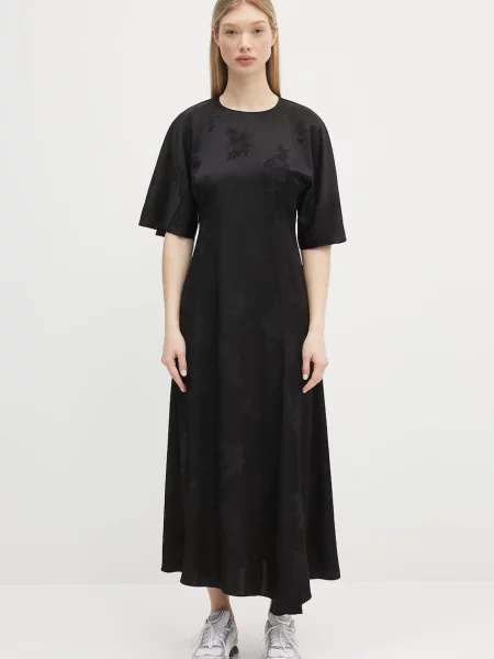 GANNI rochie Fluid Satin Jacquard Slit Long maxi drept negru