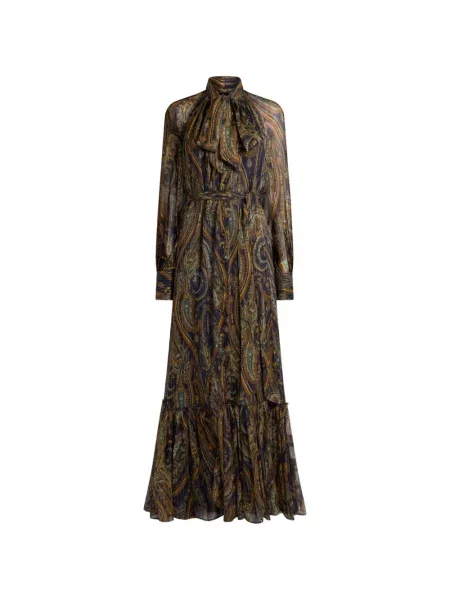 Rochie Etro cu funde de mătase cu model paisley maro