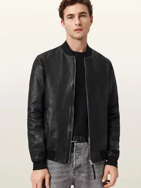 AllSaints geacă bomber pentru bărbați din piele MORTEN negru