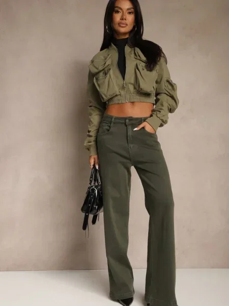 Ciemnozielone Szerokie Jeansy z Bawełny Violore beżowe