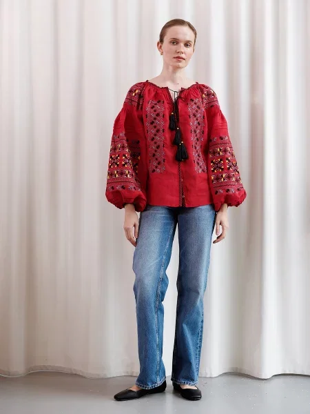 Льняная рубашка Embroidered Gem с вышивкой красная