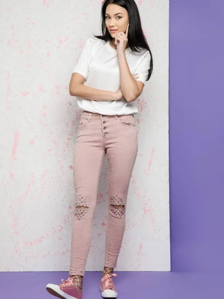 Кристал заужени дънки Hand Work Denim розово