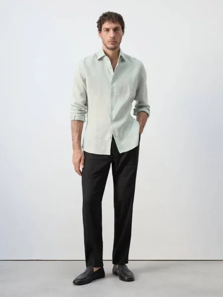 Koszula slim fit z lnu bladozielony Mężczyzna XS MANGO MAN