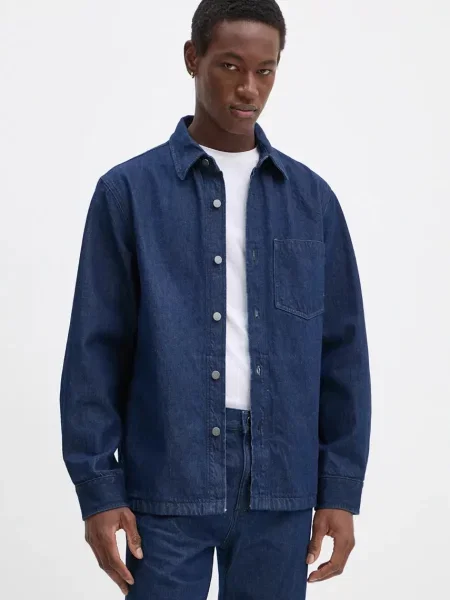 Дънкова риза Theory мъжка със свободна кройка с класическа яка тъмносиньо