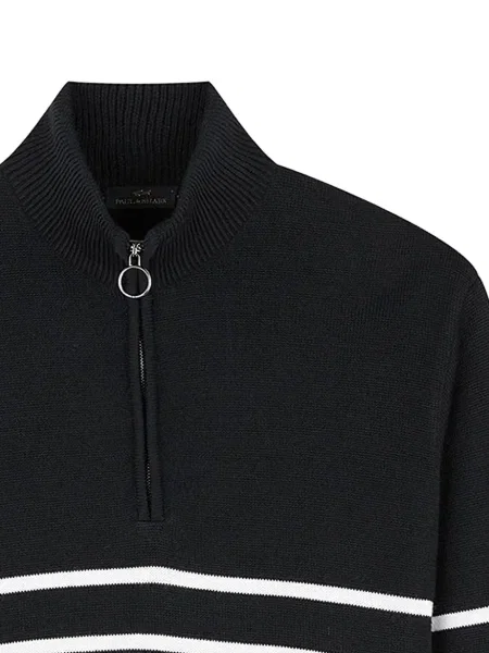Pulover Paul & Shark cu dungi de jumătate de fermoar negru