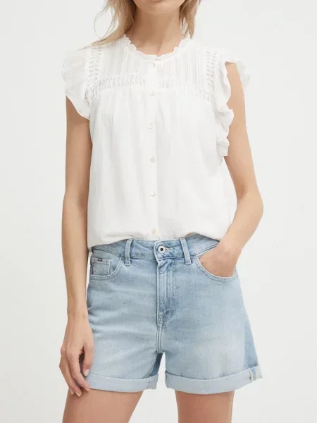 Дънков къс панталон Pepe Jeans SKINNY SHORT HW с изчистен дизайн с висока талия синьо