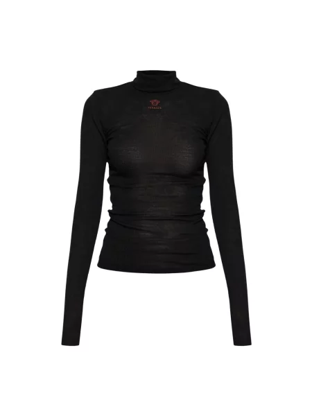 Sweter z golfem Versace wełniany z logo do golfa czarny