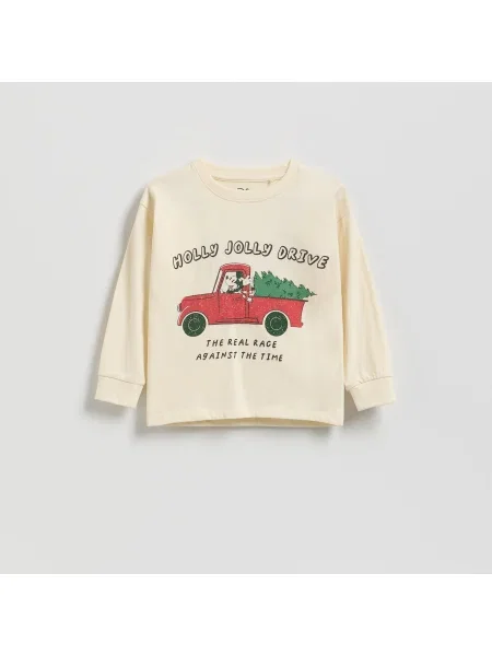 Reserved Karácsonyi hosszú ujjú póló Mickey Mouse krémszínű