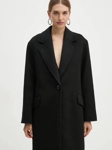 Палто с вълна Boss Orange преходен модел с уголемена кройка черно