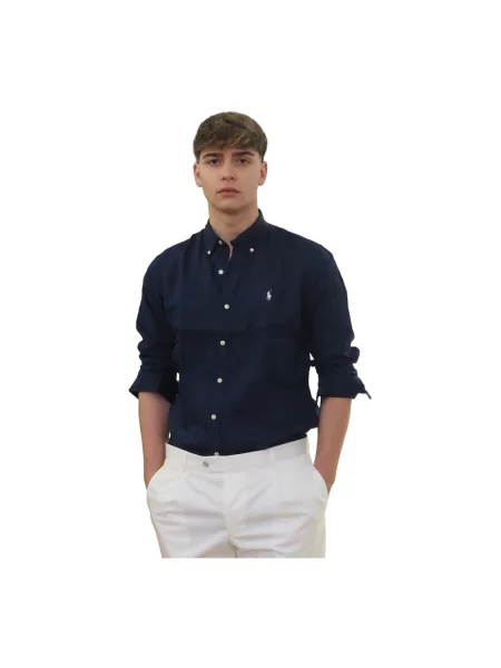 Lniana koszula Polo Ralph Lauren niebieska