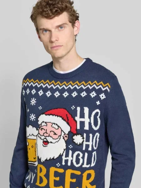 Sweter z dzianiny z prążkowanymi wykończeniami Montego granatowy