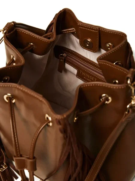 Șnur de strângere geantă bucket Twinset cu franjuri maro