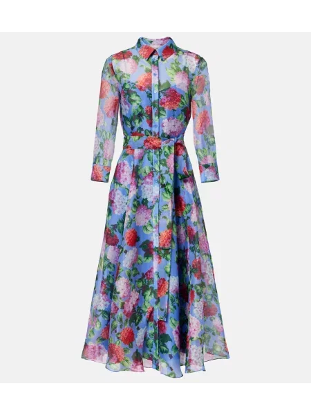 Rochie tip cămașă Carolina Herrera de mătase cu model floral albastru