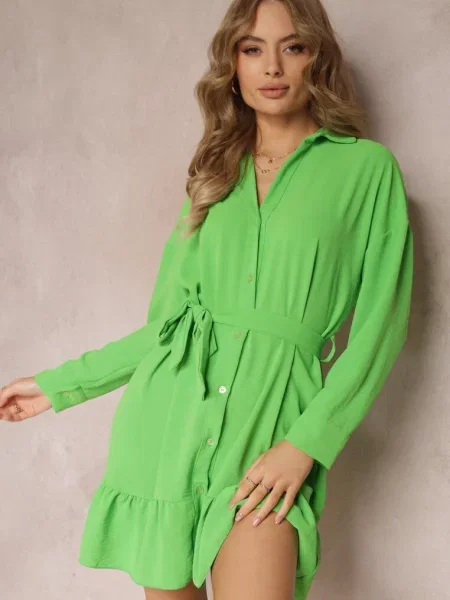 Sukienka Koszulowa z Falbanką i Wiązanym Neitra zielona