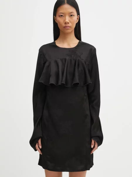 GANNI rochie Fluid Satin Jacquard Mini Ruffle mini drept negru