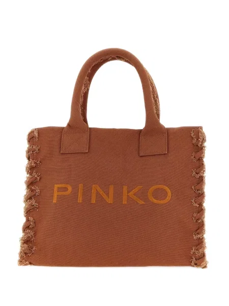 Geantă shopper Pinko din canvas cu autograf maro