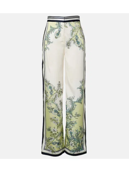 Pantaloni palazzo Veronica Beard cu model floral din țesătură twill verde