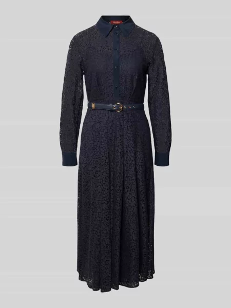 Rozkloszowana koszulowa sukienka z koronki alençońskiej model MSTRICORDO' Max Mara Studio granatowa