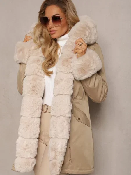 Jachetă parka cu în talie și glugă cu blană Hizontia bej
