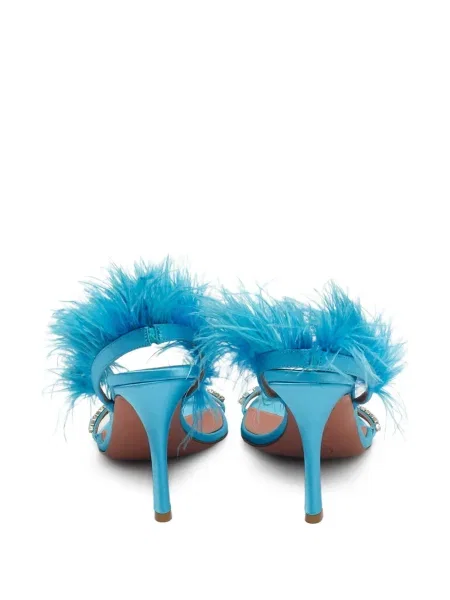 Saténové sandály Amina Muaddi z peří s otevřenou patou modré