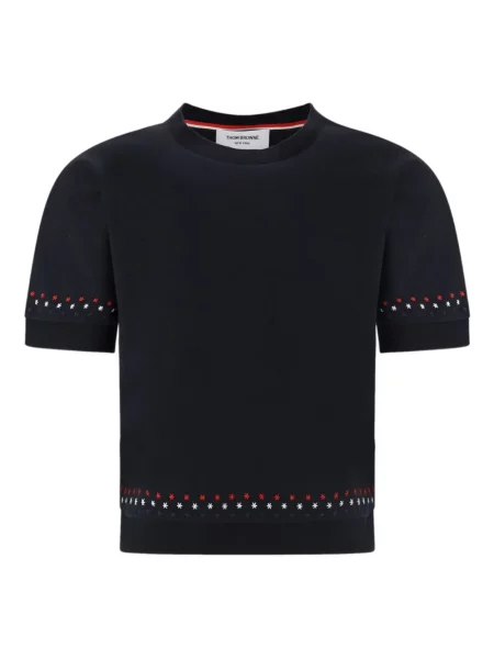 Tricou Thom Browne cu broderie cu decolteu rotund negru