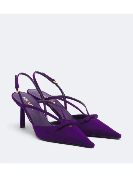 Pantofi cu toc Prada cu funde din piele de căprioară slingback violet