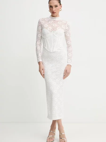 Bardot rochie bej maxi mulată alb