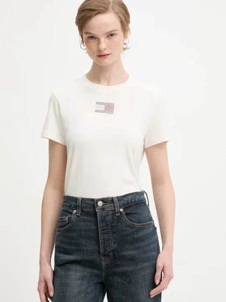 Тениска Tommy Jeans дамска бежово