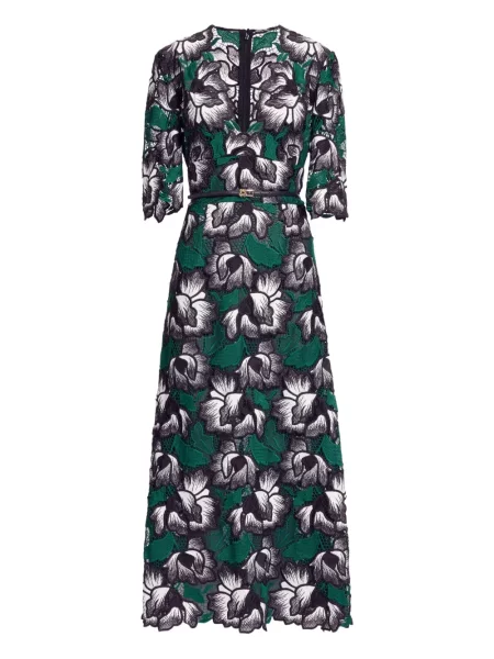 Rochie midi Elie Saab cu model floral până la genunchi de costum verde