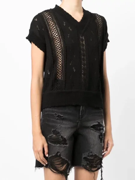 Haftowany dzianinowy top Goen.j z dekoltem w serek czarny