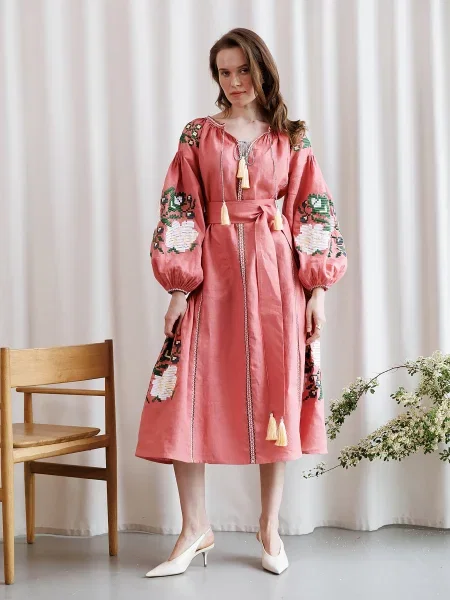 Embroidered Gem Вишита сукня Кораловий Льон