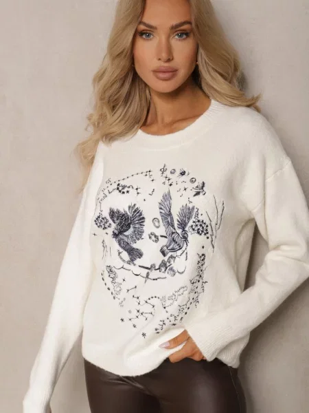 Jasnobeżowy Sweter Ozdobiony Haftowanym Wzorem w Ptaki Inarielle beżowy