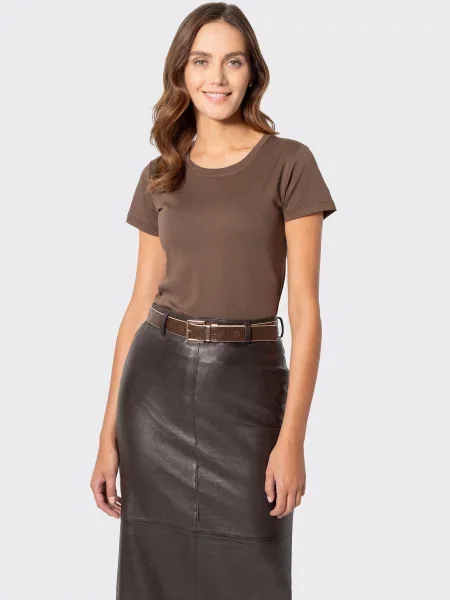 T-shirt z bawełny basic ciemny brąz