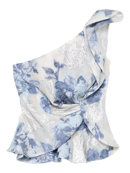 Bluzka Gemy Maalouf w kwiatki z nadrukiem na jednym ramieniu niebieska