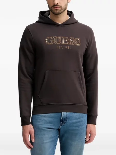 Суичър с качулка Guess с автограф кафяво