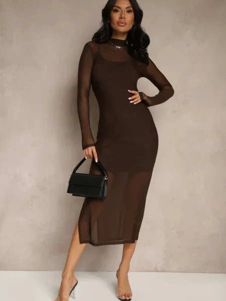 Rochie tricotată midi transparentă cu căptușeală Bavina maro