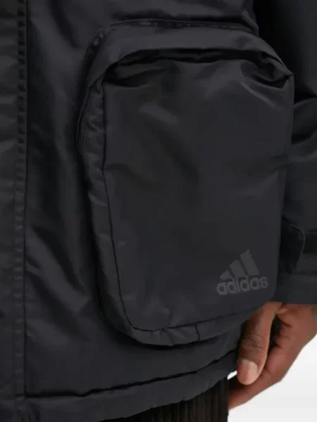 Geacă parka Adidas cu dungi cu glugă cu șireturi albastru