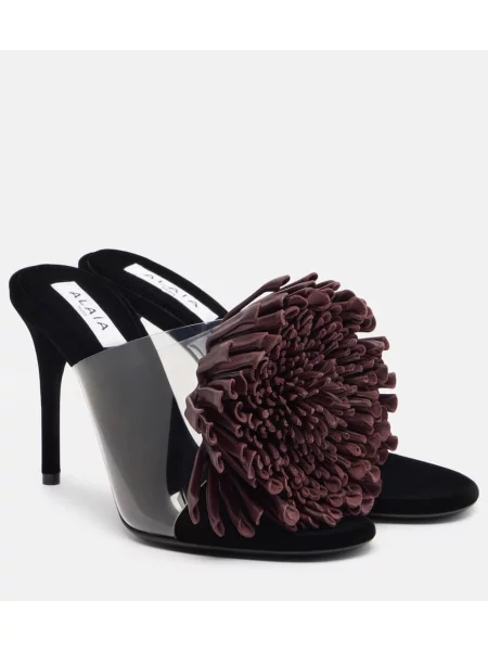 Papuci tip mules Alaïa din piele cu model floral bordo