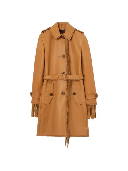 Scurt palton Burberry cu franjuri din piele maro